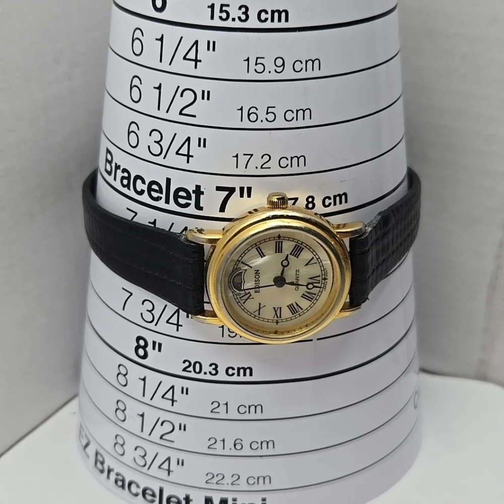 Womens Vintage Edison Moon Phase MOP 24mm Quartz Watch Gold Black New Battery